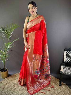 Red soft silk paithani saree with unstitched blouse piece 1