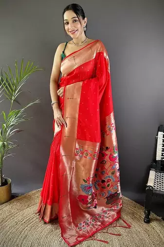 Red soft silk paithani saree with unstitched blouse piece
