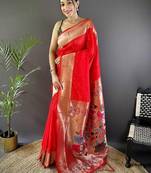 Red soft silk paithani saree with unstitched blouse piece