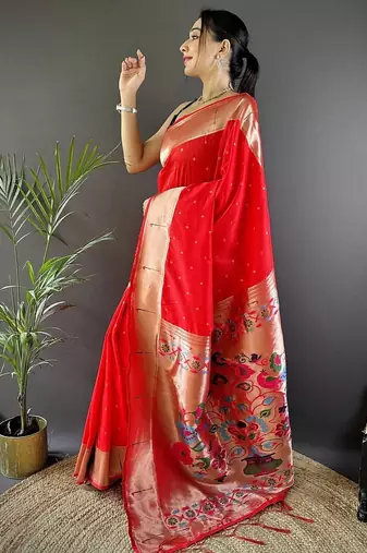 Red soft silk paithani saree with unstitched blouse piece