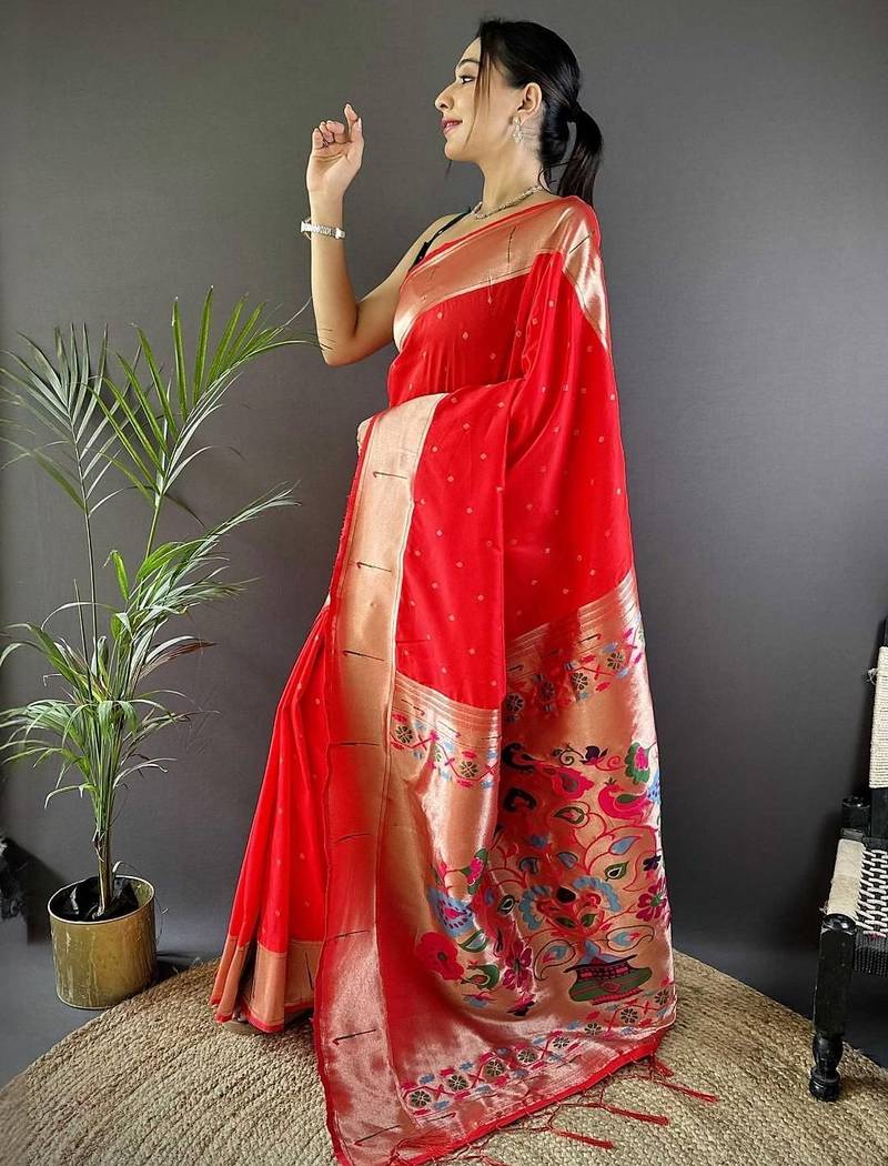 Red soft silk paithani saree with unstitched blouse piece