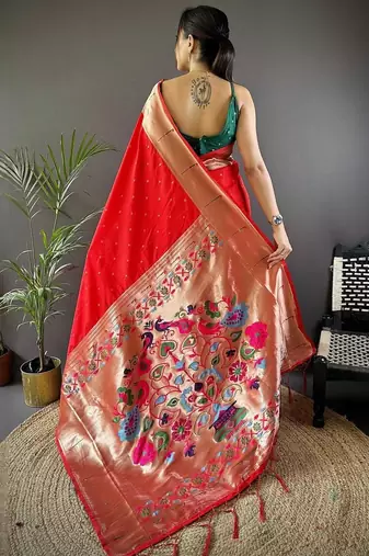 Red soft silk paithani saree with unstitched blouse piece