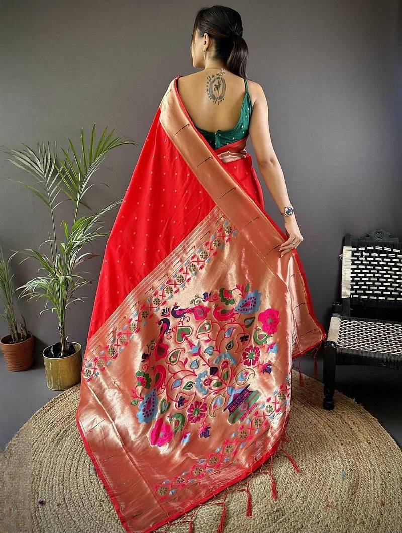 Red soft silk paithani saree with unstitched blouse piece