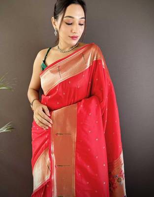 Red soft silk paithani saree with unstitched blouse piece 4
