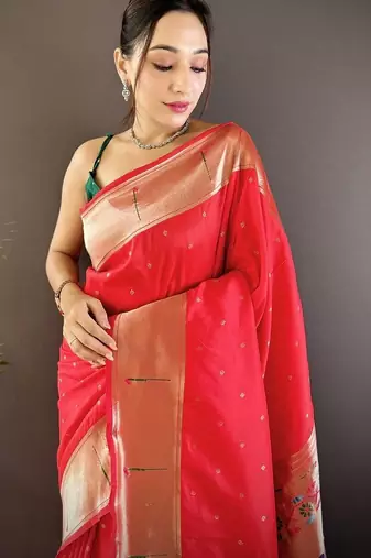 Red soft silk paithani saree with unstitched blouse piece