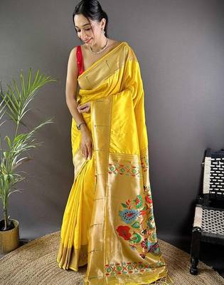 Yellow soft silk paithani saree with unstitched blouse piece 1