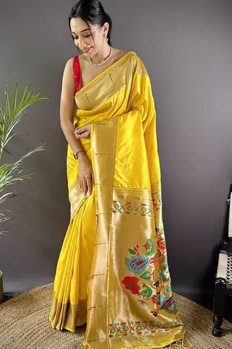 Yellow soft silk paithani saree with unstitched blouse piece