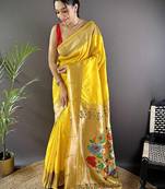 Yellow soft silk paithani saree with unstitched blouse piece