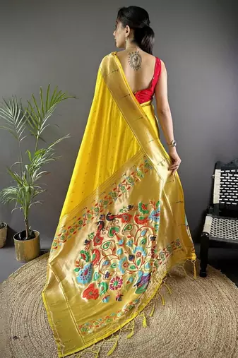 Yellow soft silk paithani saree with unstitched blouse piece