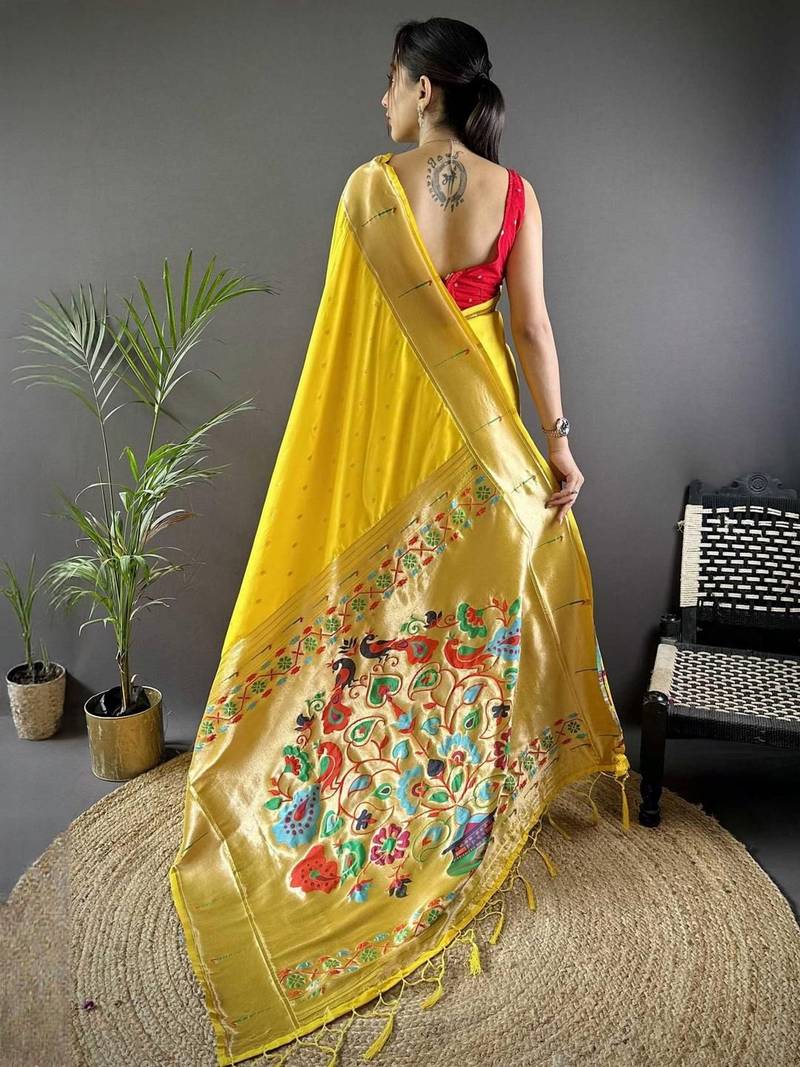 Yellow soft silk paithani saree with unstitched blouse piece