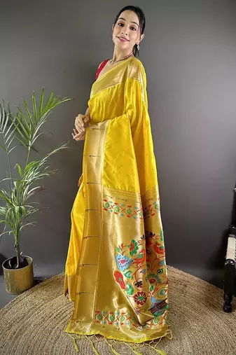 Yellow soft silk paithani saree with unstitched blouse piece