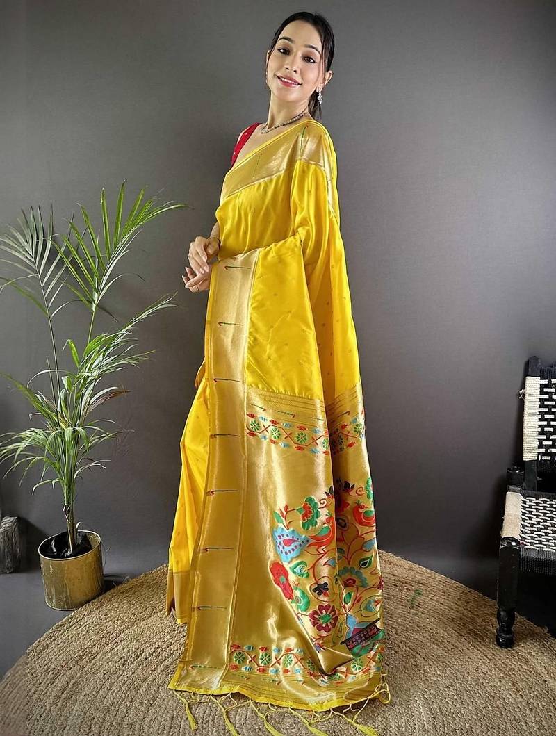 Yellow soft silk paithani saree with unstitched blouse piece