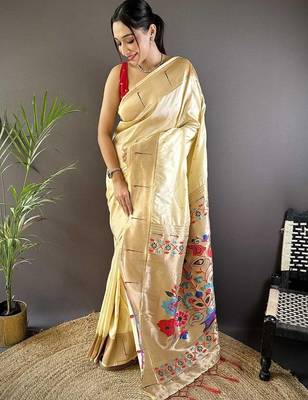 Cream soft silk paithani saree with unstitched blouse piece 1