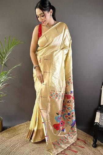 Cream soft silk paithani saree with unstitched blouse piece