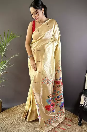 Cream soft silk paithani saree with unstitched blouse piece