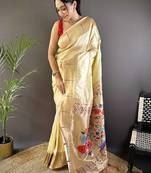 Cream soft silk paithani saree with unstitched blouse piece