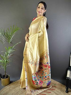 Cream soft silk paithani saree with unstitched blouse piece 2