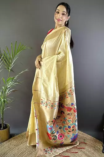 Cream soft silk paithani saree with unstitched blouse piece
