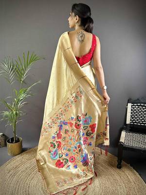 Cream soft silk paithani saree with unstitched blouse piece 3
