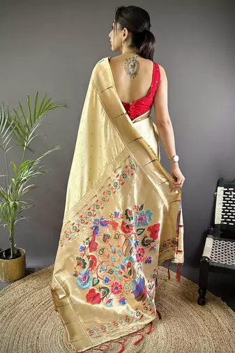 Cream soft silk paithani saree with unstitched blouse piece