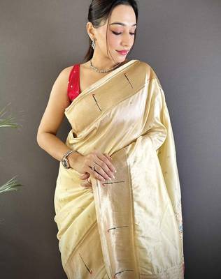 Cream soft silk paithani saree with unstitched blouse piece 4