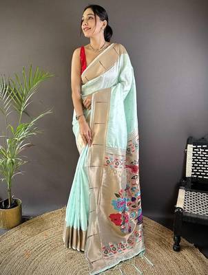 Green soft silk paithani saree with unstitched blouse piece 1