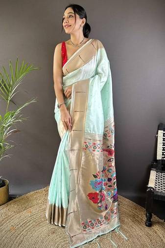 Green soft silk paithani saree with unstitched blouse piece