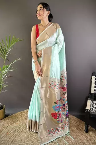 Green soft silk paithani saree with unstitched blouse piece