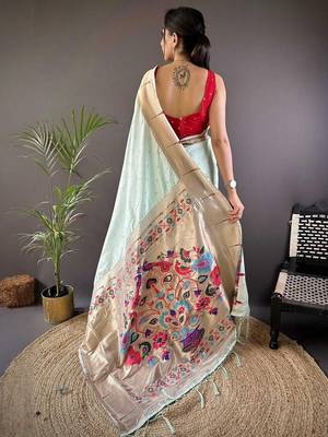 Green soft silk paithani saree with unstitched blouse piece 2