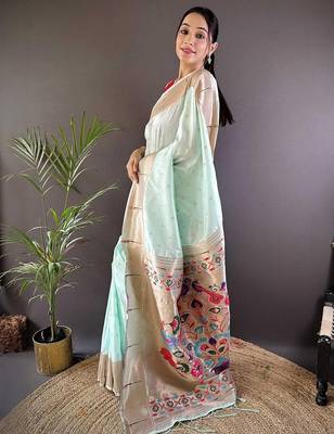 Green soft silk paithani saree with unstitched blouse piece 3
