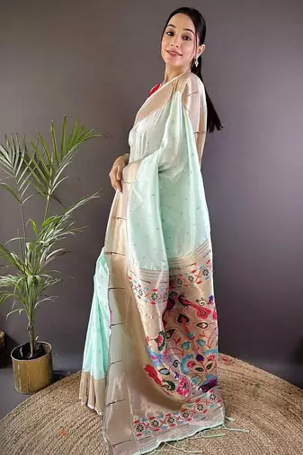 Green soft silk paithani saree with unstitched blouse piece