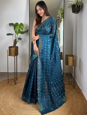 Teal embellished embroidered silk blend saree 1