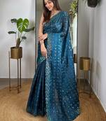 Teal embellished embroidered silk blend saree