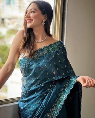 Teal embellished embroidered silk blend saree 4
