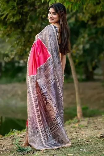 Pink silk blend tussar saree