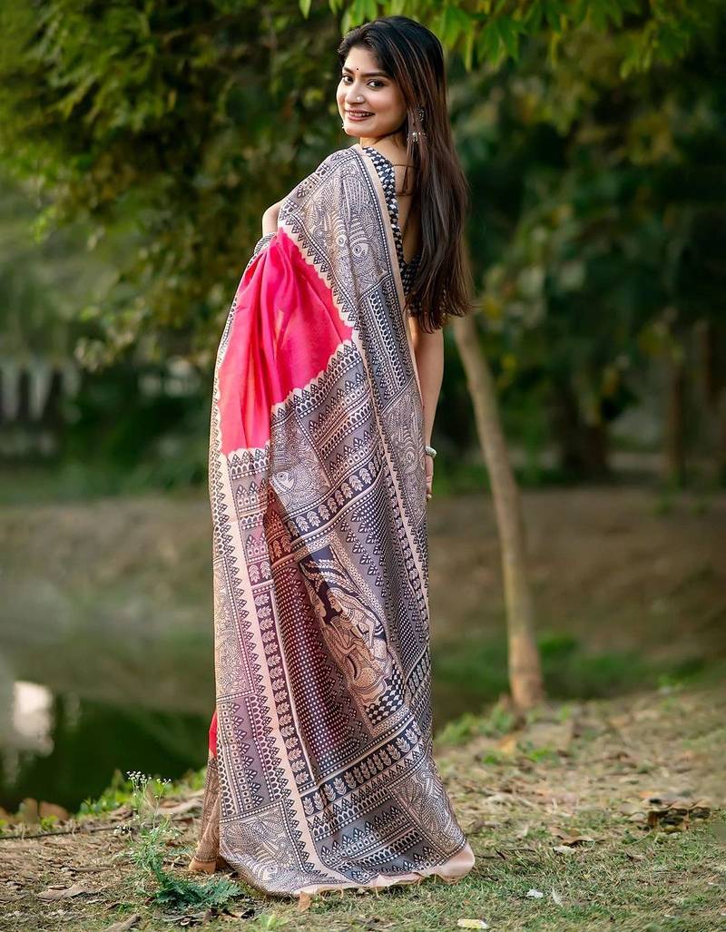 Pink silk blend tussar saree