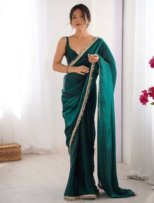 Teal sequinned satin saree 1