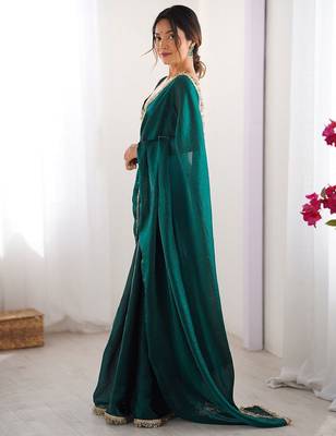 Teal sequinned satin saree 2