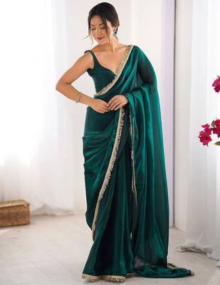 Teal sequinned satin saree 4