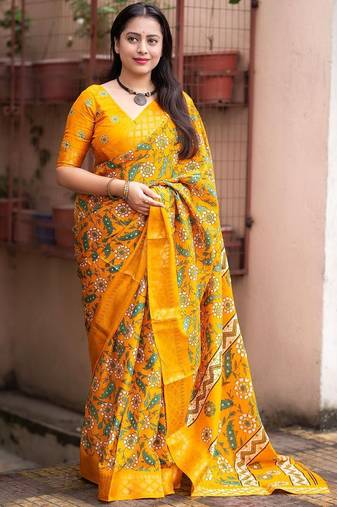 Yellow kalamkari printed woven design zari saree