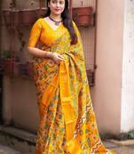 Yellow kalamkari printed woven design zari saree