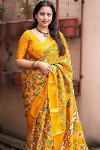 Yellow kalamkari printed woven design zari saree