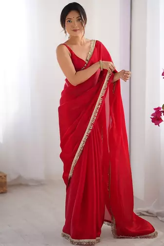 Pink sequinned satin saree