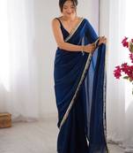 Blue sequinned satin saree
