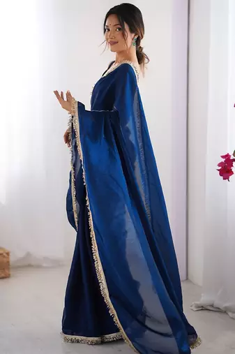 Blue sequinned satin saree