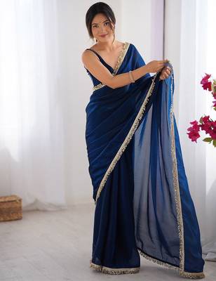 Blue sequinned satin saree 4