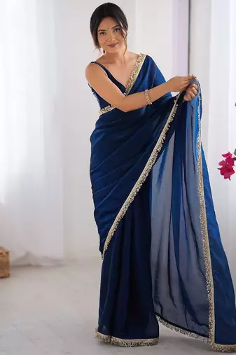 Blue sequinned satin saree