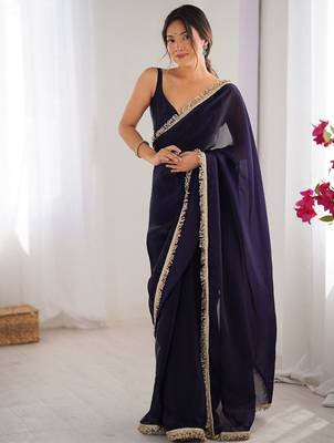 Blue solid sequinned saree with unstitched blouse piece 1