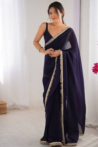 Blue solid sequinned saree with unstitched blouse piece