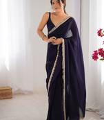 Blue solid sequinned saree with unstitched blouse piece
